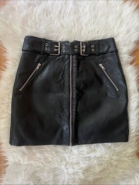 Black Faux Leather Zip-Front Mini Skirt with Belted Waist